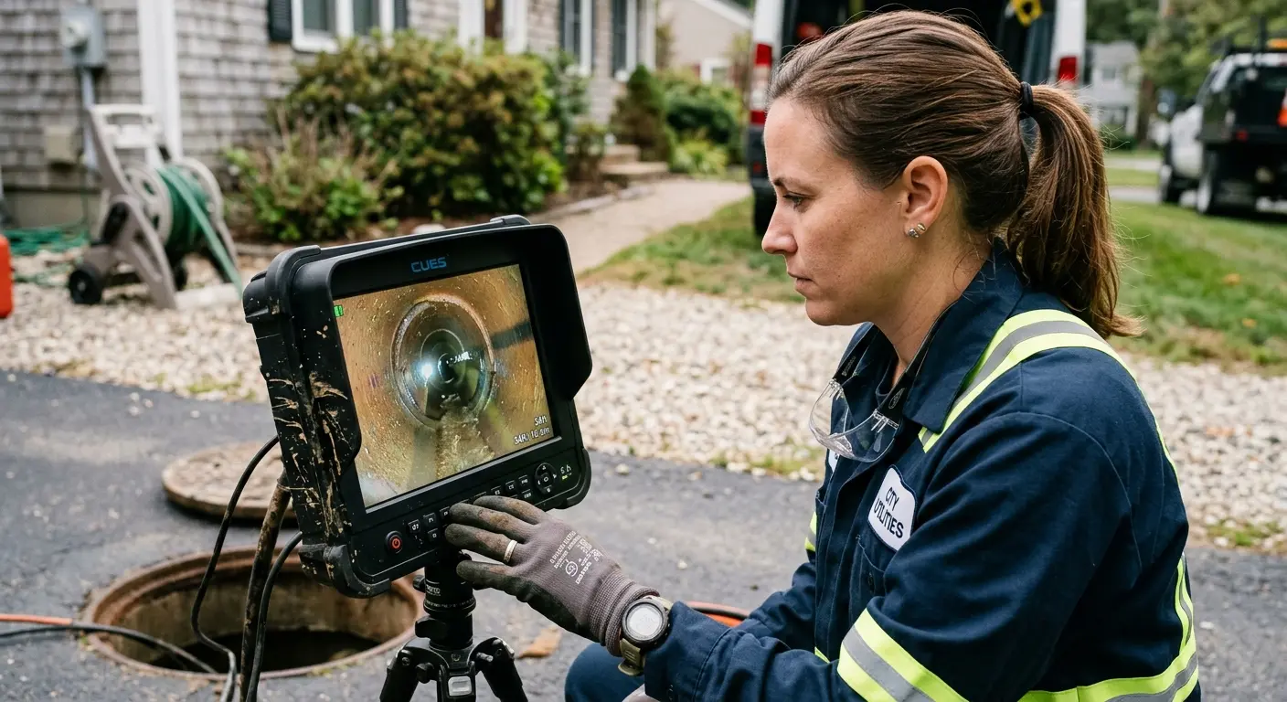 Technician reviewing sewer camera inspection footage in Lely Resort