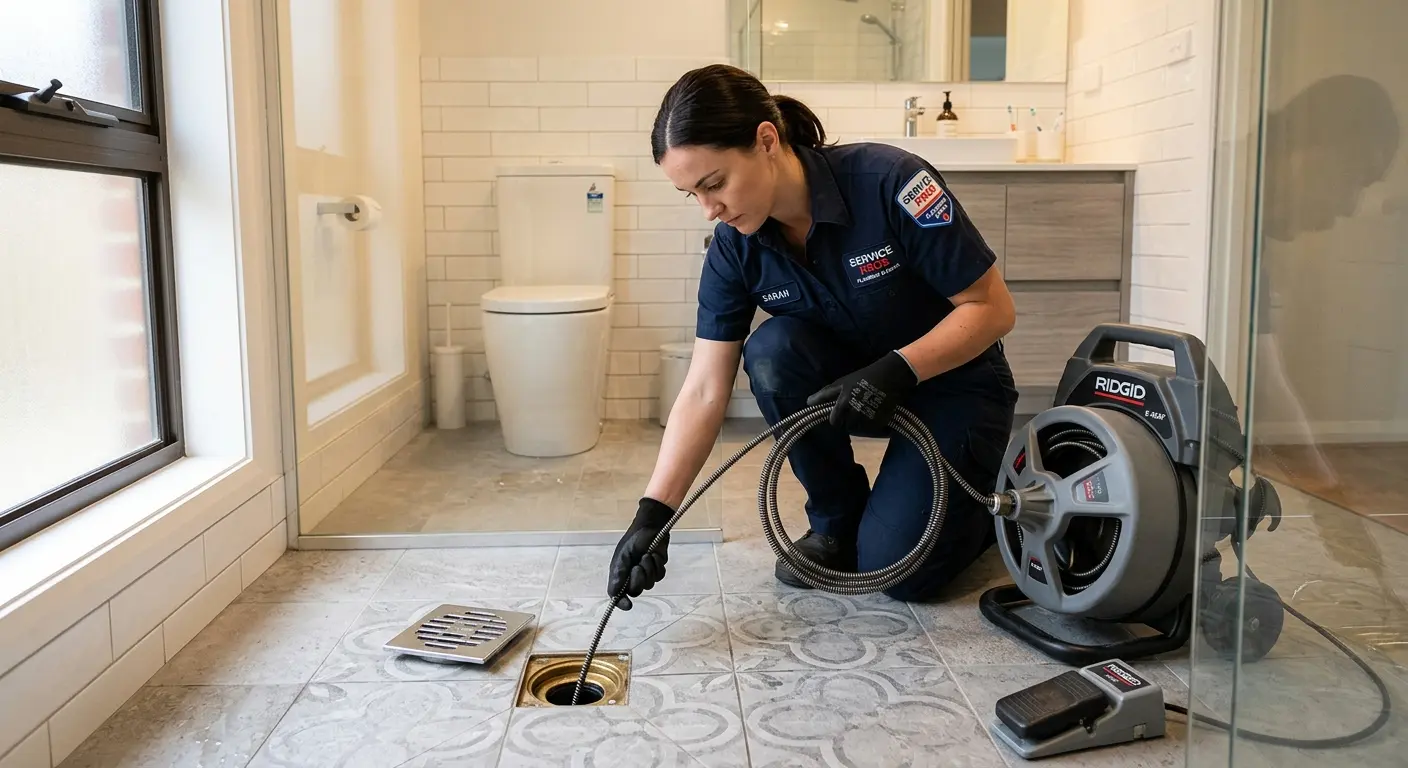 Technician clearing a bathroom floor drain for Drain Cleaning in Lely Resort